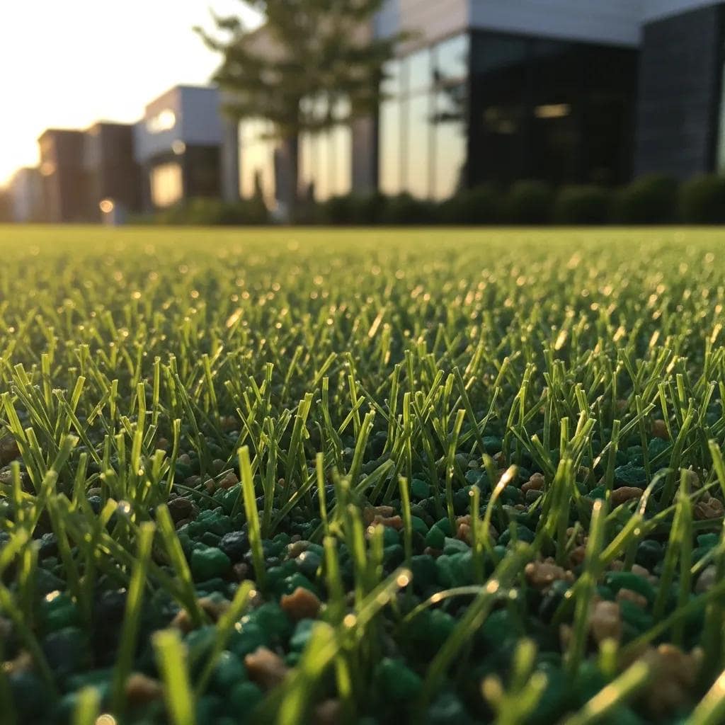 Close-up of heavy-duty synthetic grass showcasing texture and quality in a commercial setting