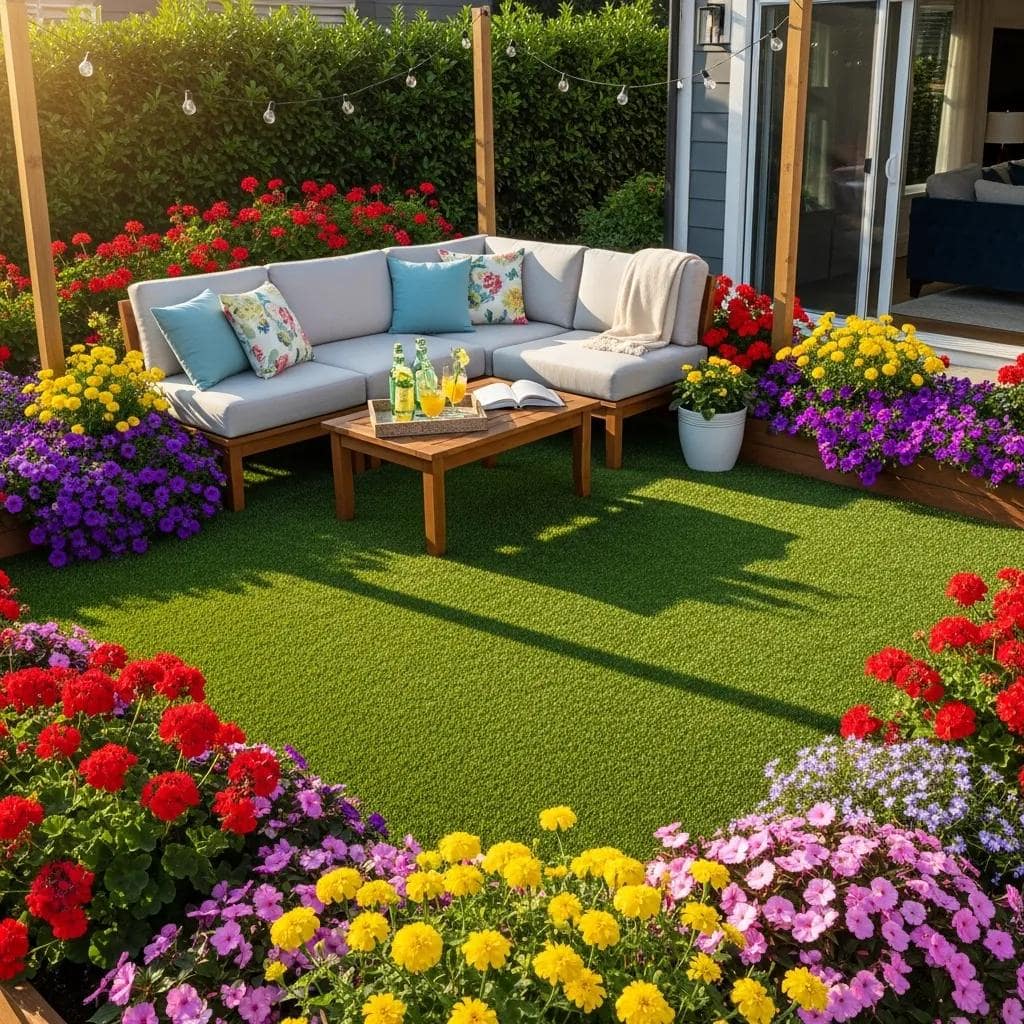 Lush artificial turf in a vibrant outdoor living space with seating and flowers