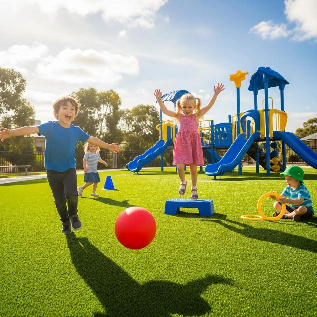 Children playing joyfully on vibrant playground-safe synthetic grass, engaging with a red ball and climbing equipment, emphasizing a safe outdoor play environment.