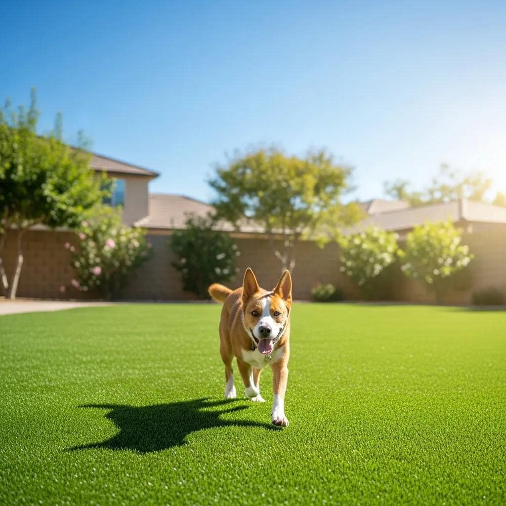 Happy dog playing on lush artificial turf lawn, showcasing pet-friendly features in a residential backyard setting.