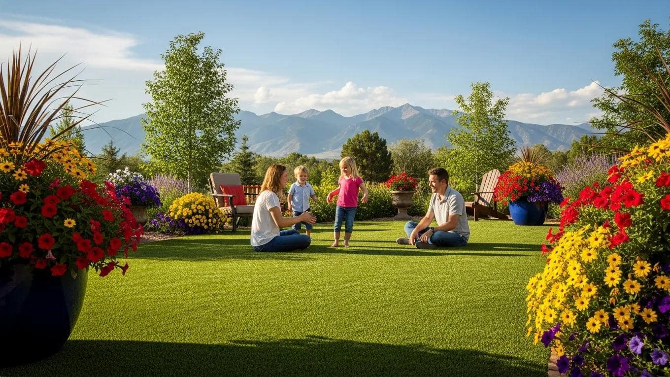 Family enjoying a lush synthetic lawn in a Colorado backyard, surrounded by colorful flower pots and mountains in the background, illustrating the benefits of artificial grass installation.