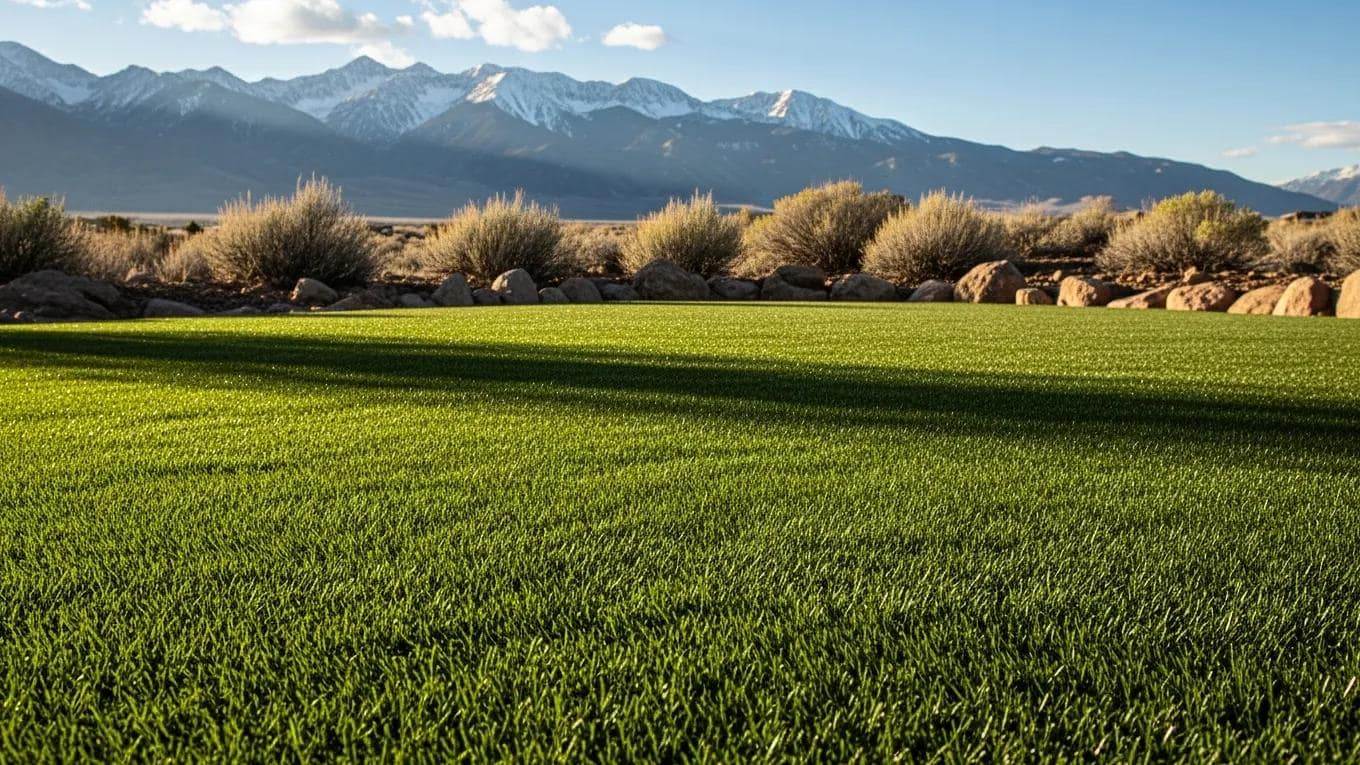 Lush green artificial turf installation in Colorado with snow-capped mountains in the background, showcasing durable landscaping solutions for freeze-thaw soils.