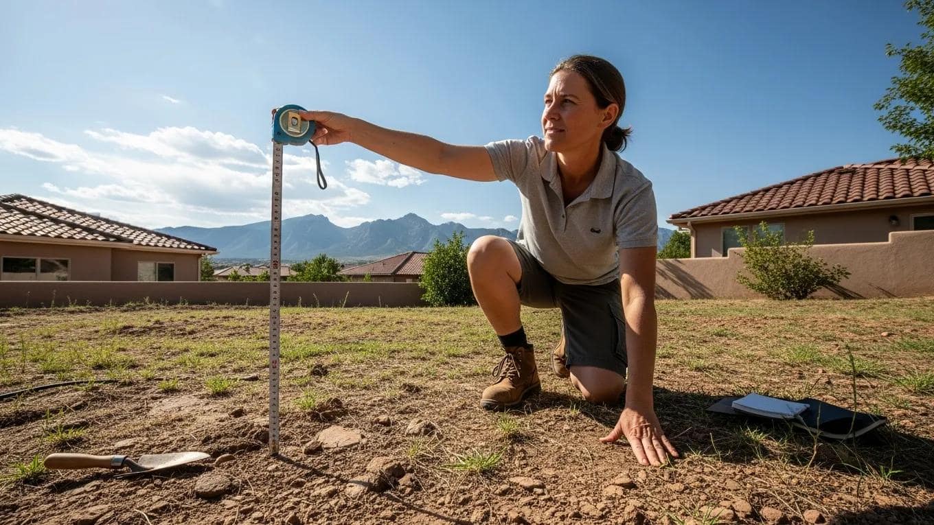 Homeowner assessing yard for artificial grass installation in Colorado with measuring tape and rocky soil
