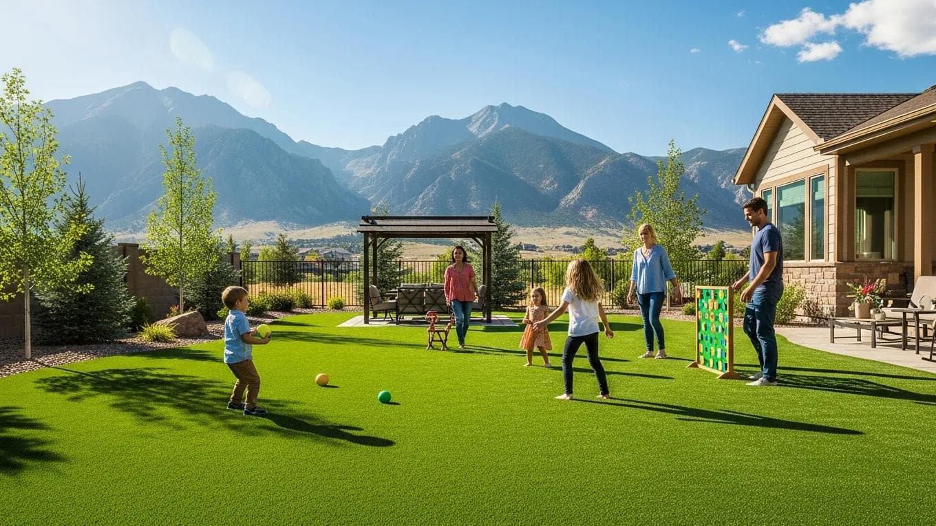 Family enjoying outdoor activities on a lush artificial grass lawn in Colorado, with mountains in the background, highlighting the durability and aesthetic appeal of synthetic turf in varying weather conditions.