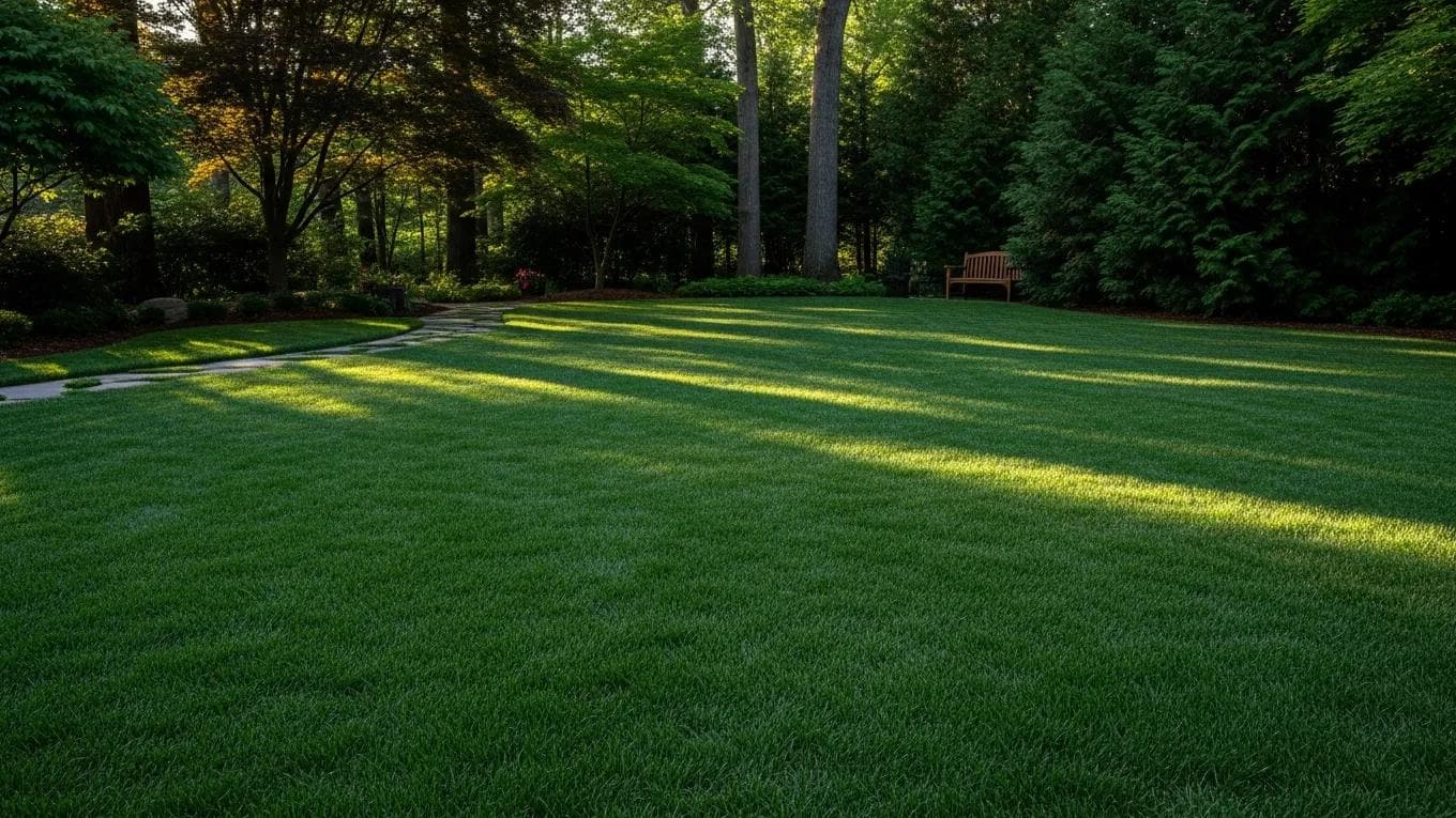 Lush green shade-tolerant artificial turf in a north-facing yard surrounded by trees, showcasing a low-light landscaping solution.