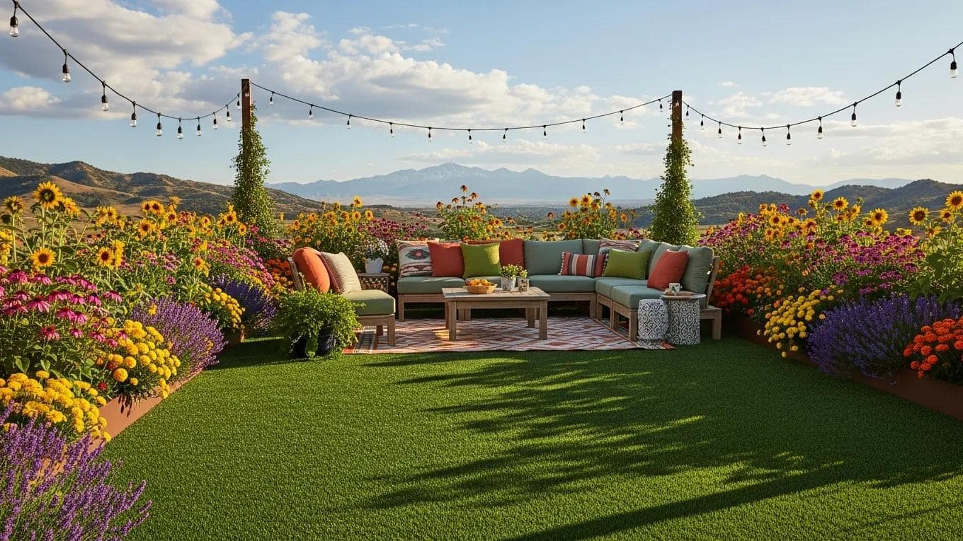 Lush outdoor living space featuring vibrant flowers and artificial turf in a Colorado setting, with a cozy seating area and decorative string lights.