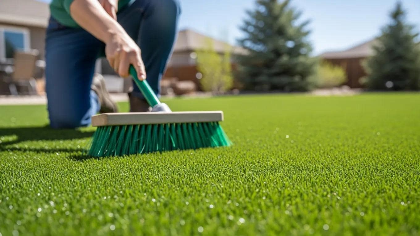 Person brushing artificial grass in a Colorado backyard to maintain its appearance and longevity
