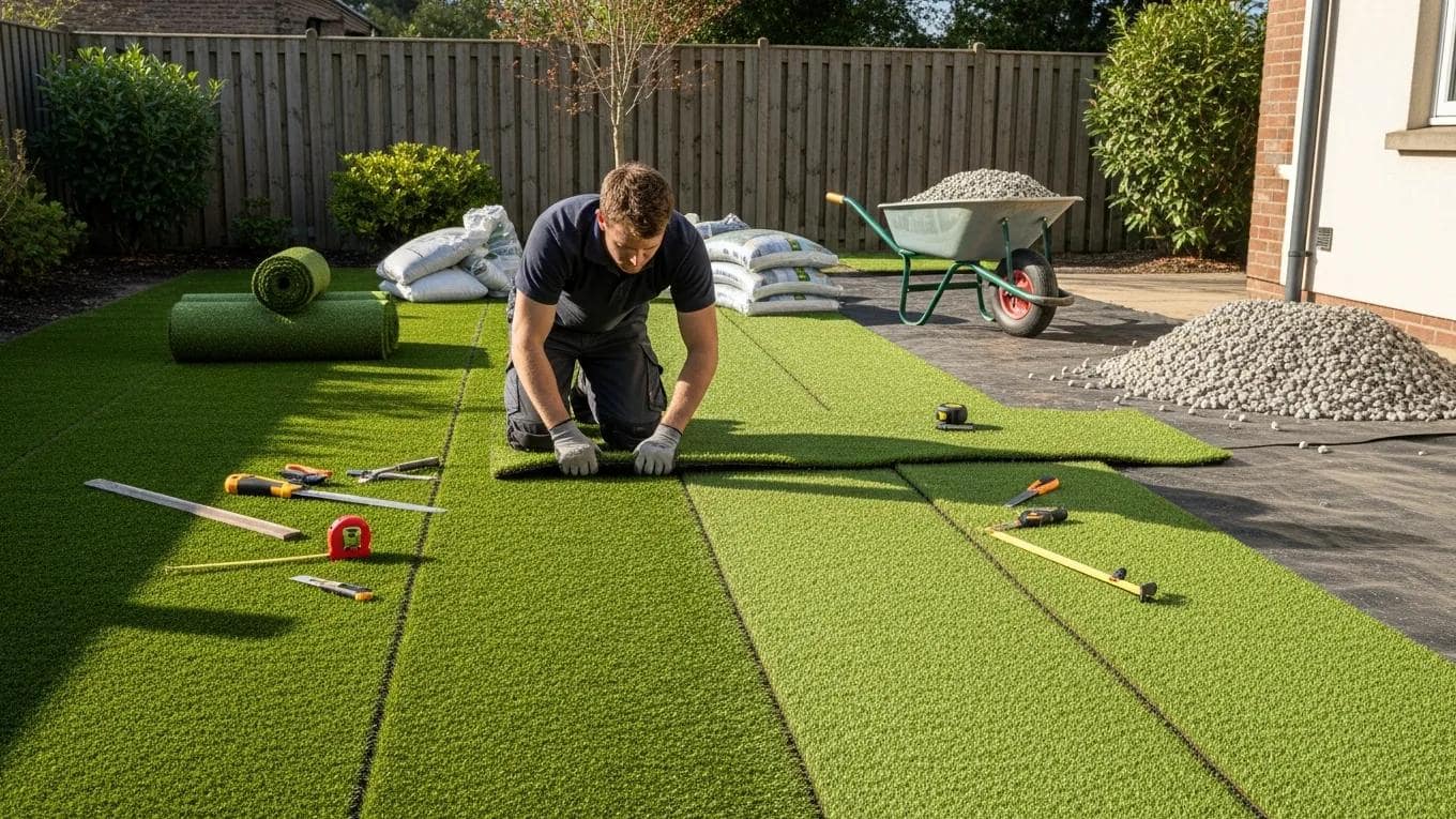 Professional installing synthetic turf in a sunny backyard, demonstrating quality materials and base preparation techniques for effective drainage solutions.