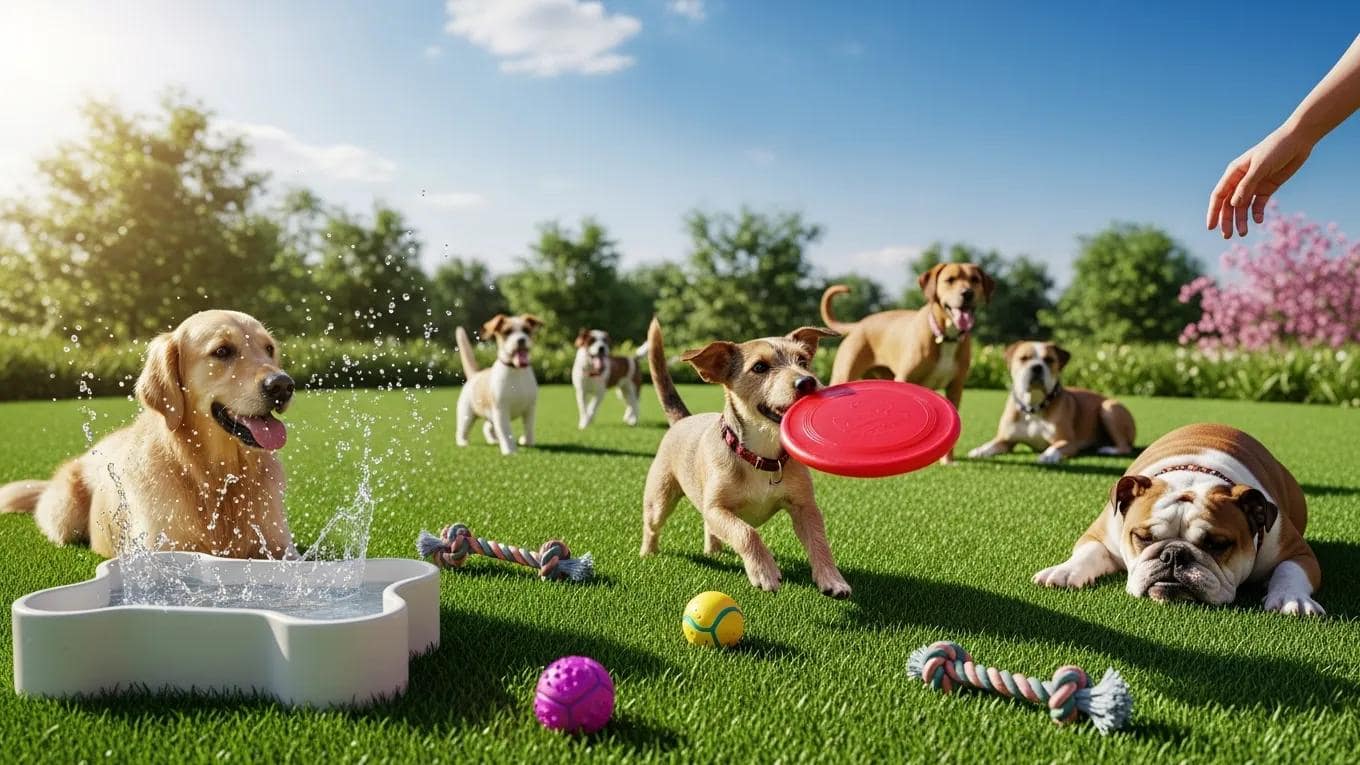 Vibrant pet-friendly artificial turf area with dogs playing, showcasing safety, comfort, and non-toxic materials for pets.