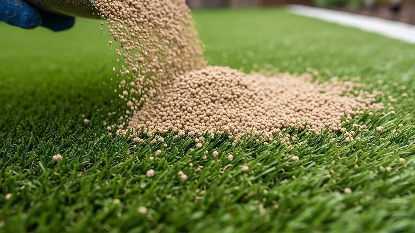 Antimicrobial infill being applied to pet turf, highlighting its role in odor control and hygiene