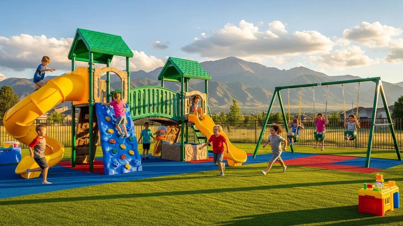 Children enjoying eco-friendly playground turf made from recycled materials