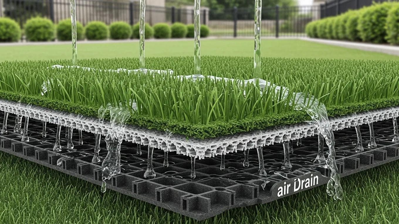 Close-up of advanced urine drainage technology in pet turf, showcasing effective liquid management