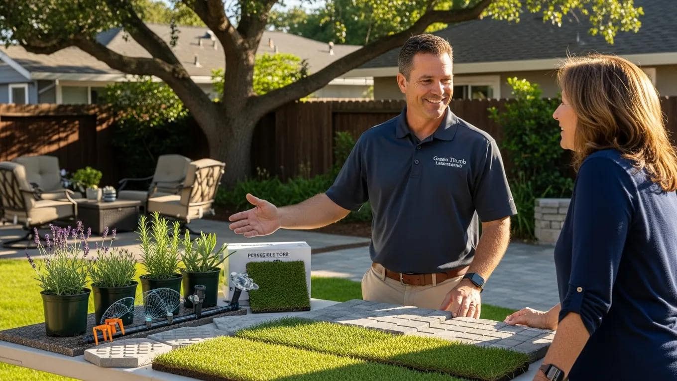 Contractor discussing upselling techniques with a homeowner in a backyard