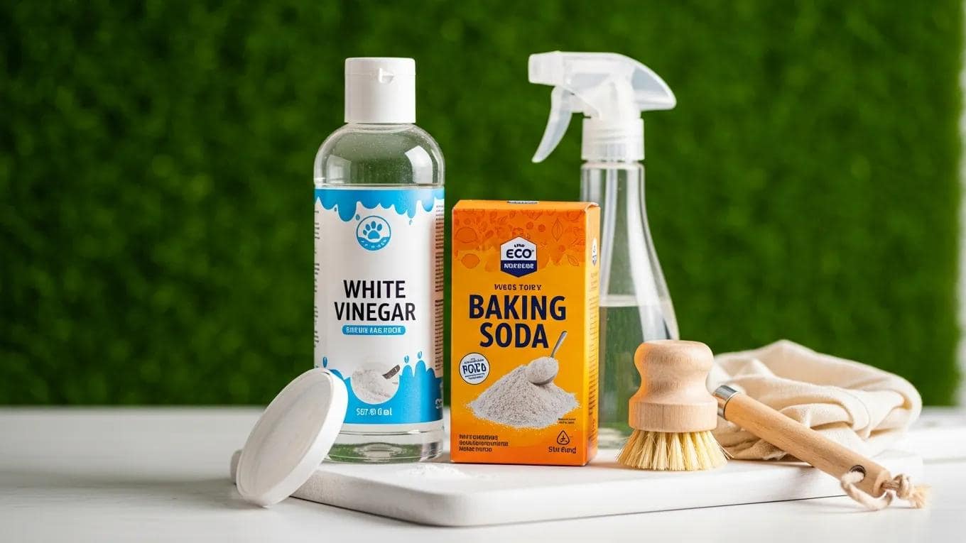 Eco-friendly cleaning products like vinegar and baking soda for maintaining artificial grass hygiene