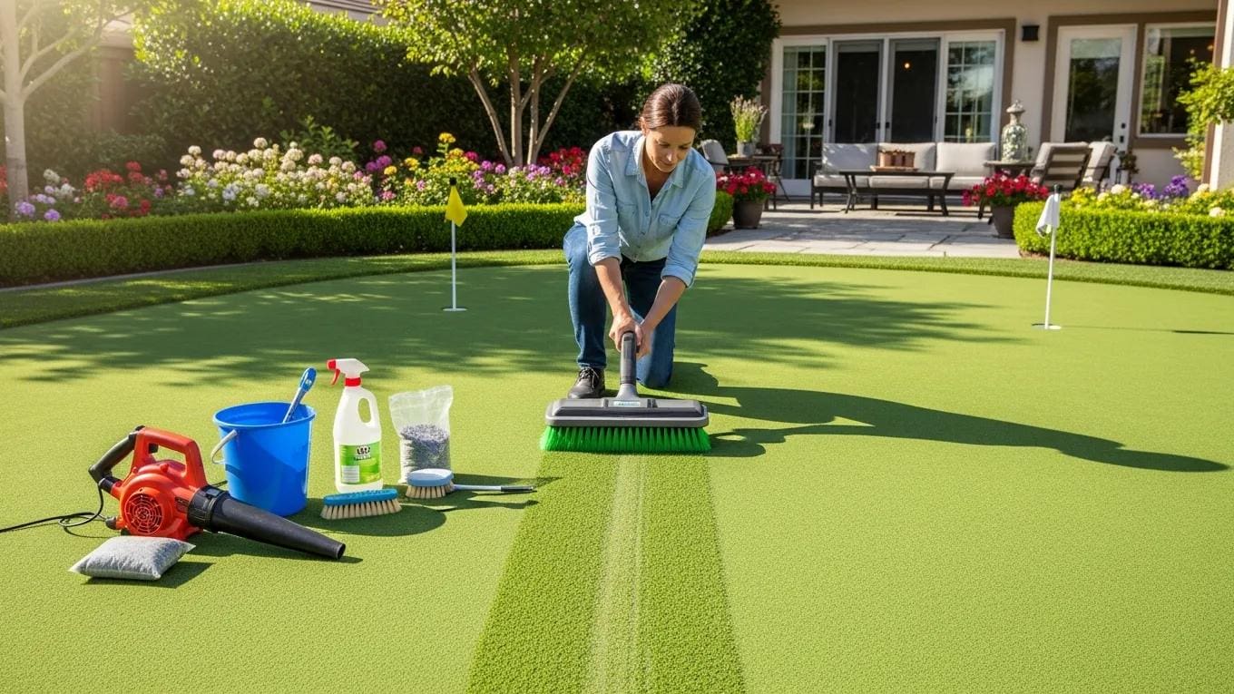 Homeowner maintaining artificial turf in a backyard putting green with cleaning tools