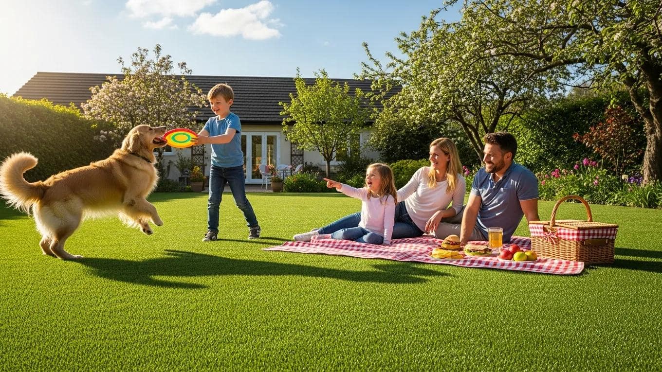 Family enjoying outdoor activities on lush green artificial turf, with a child playing fetch with a golden retriever, picnic setup in the background.