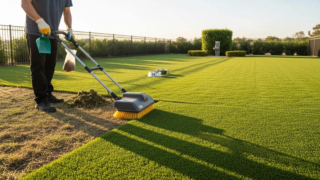 Person maintaining dog run turf by brushing and cleaning pet waste
