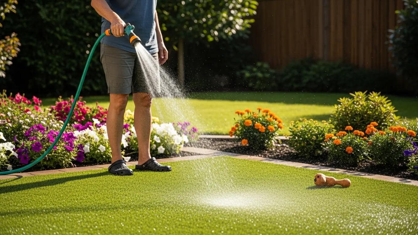 Person rinsing artificial grass with a hose, demonstrating effective cleaning methods for pet turf