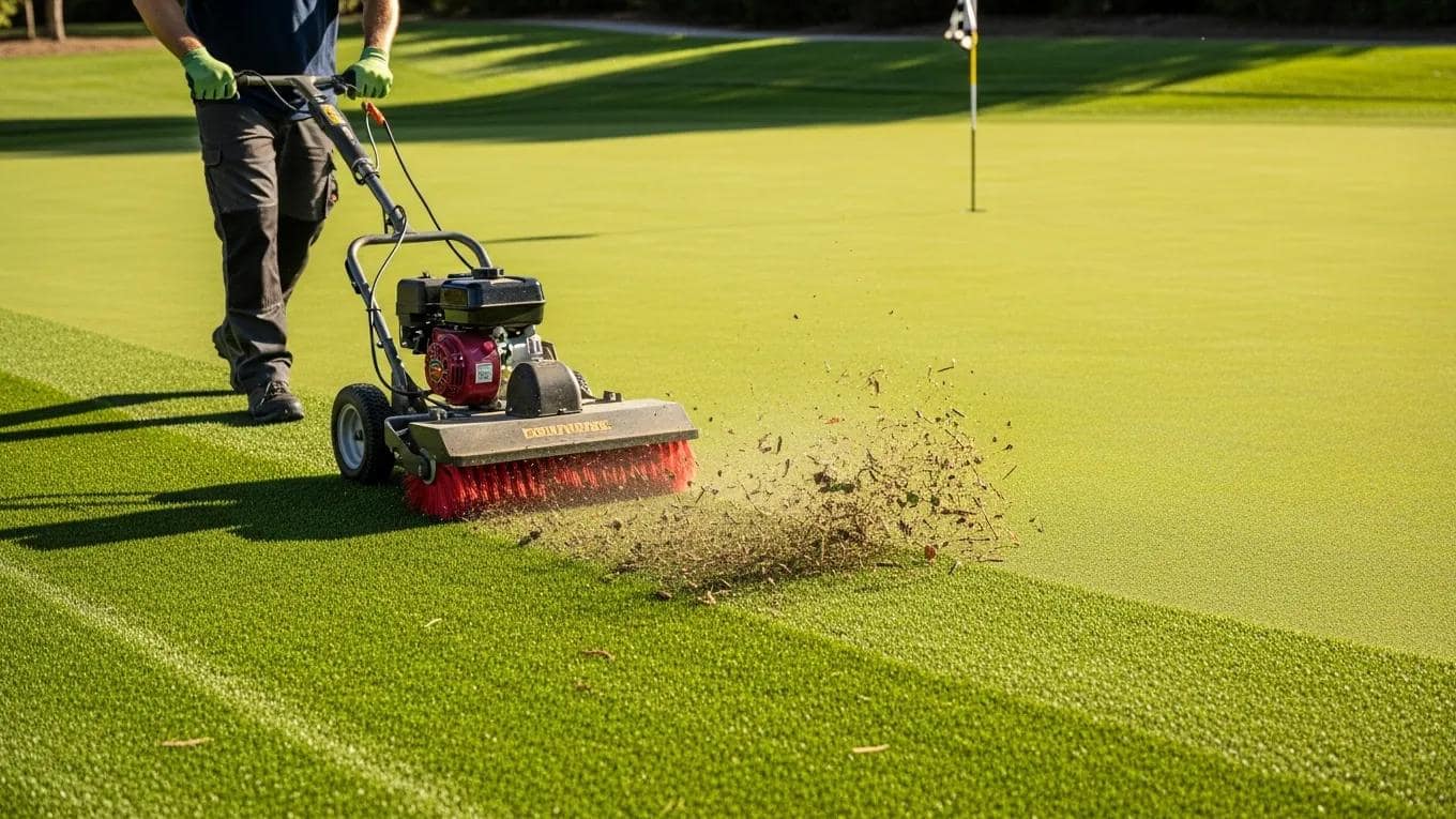 Person using a power broom to clean synthetic putting green