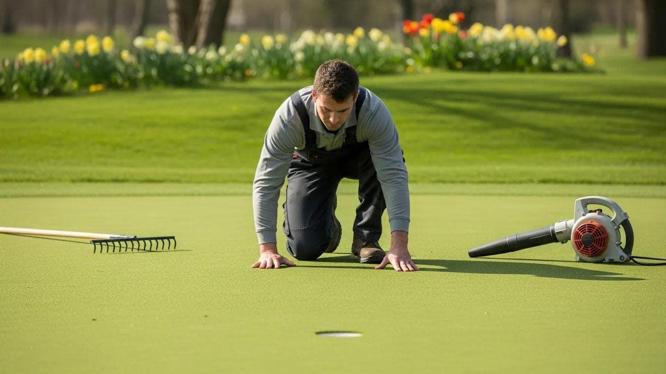 Professional inspecting synthetic putting green during spring maintenance