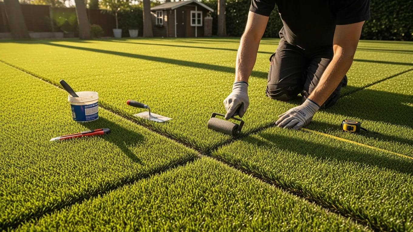 Professional installing artificial turf, focusing on seaming and edging techniques, with tools like a roller, trowel, and seam tape visible on lush green grass.