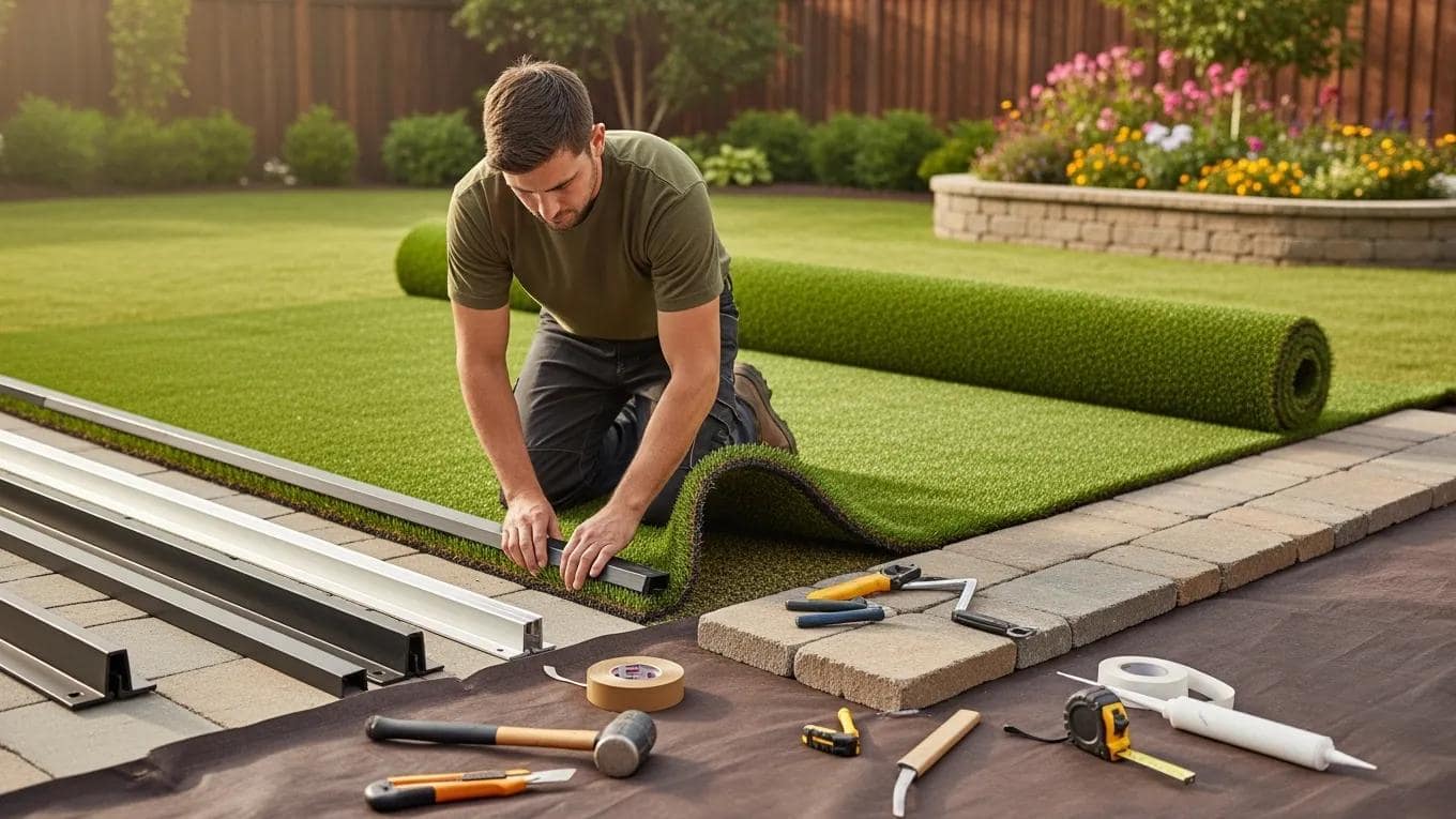 Professional installing edging for artificial turf with various materials and tools