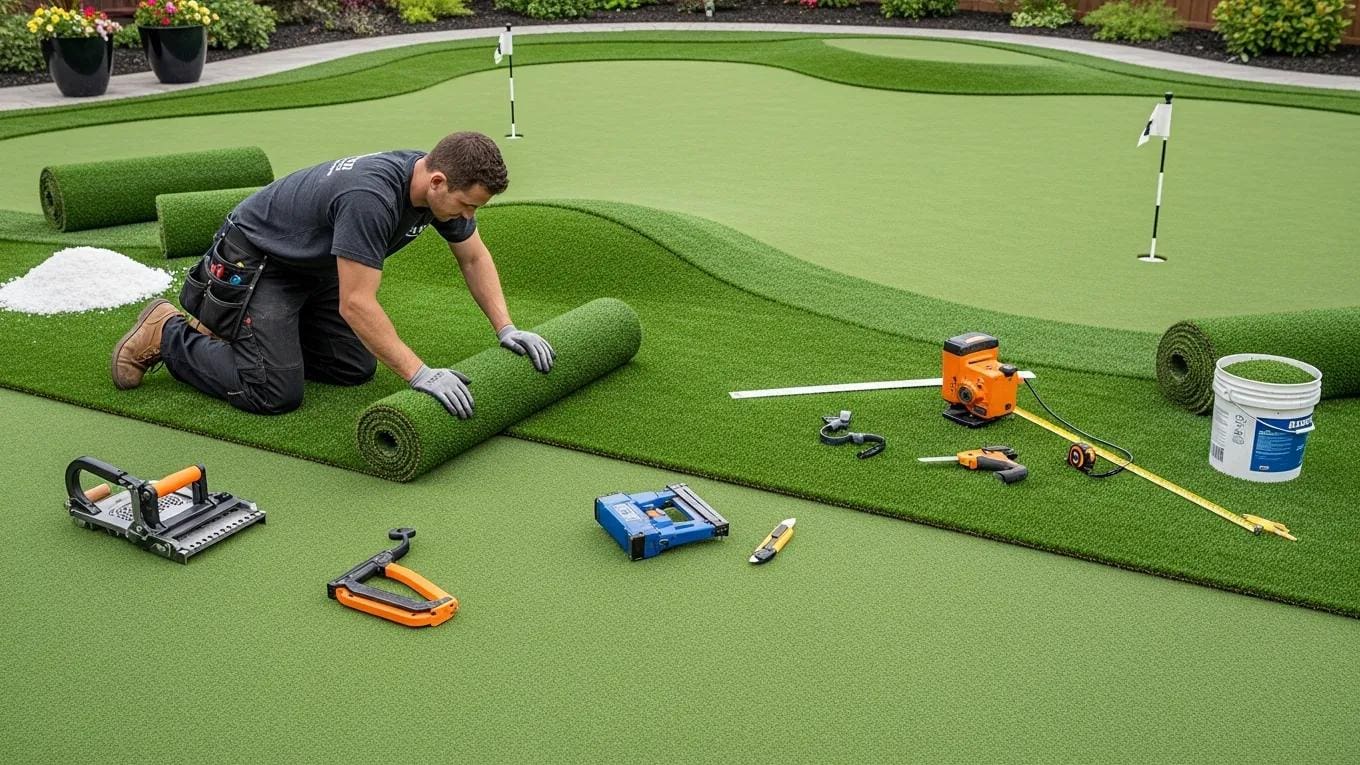 Professional installing synthetic turf on a backyard putting green during the installation process