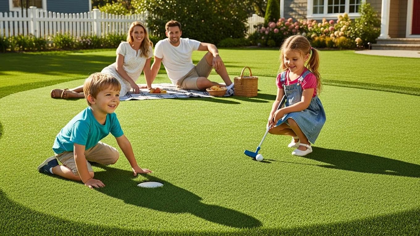 Residential lawn with Polyethylene Turf and family enjoying outdoor activities