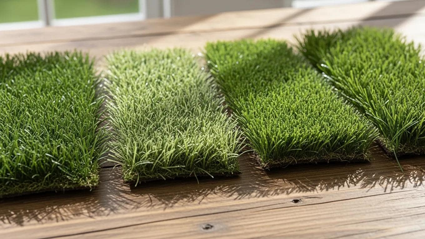 Samples of synthetic grass types for backyard putting greens showcasing textures and colors