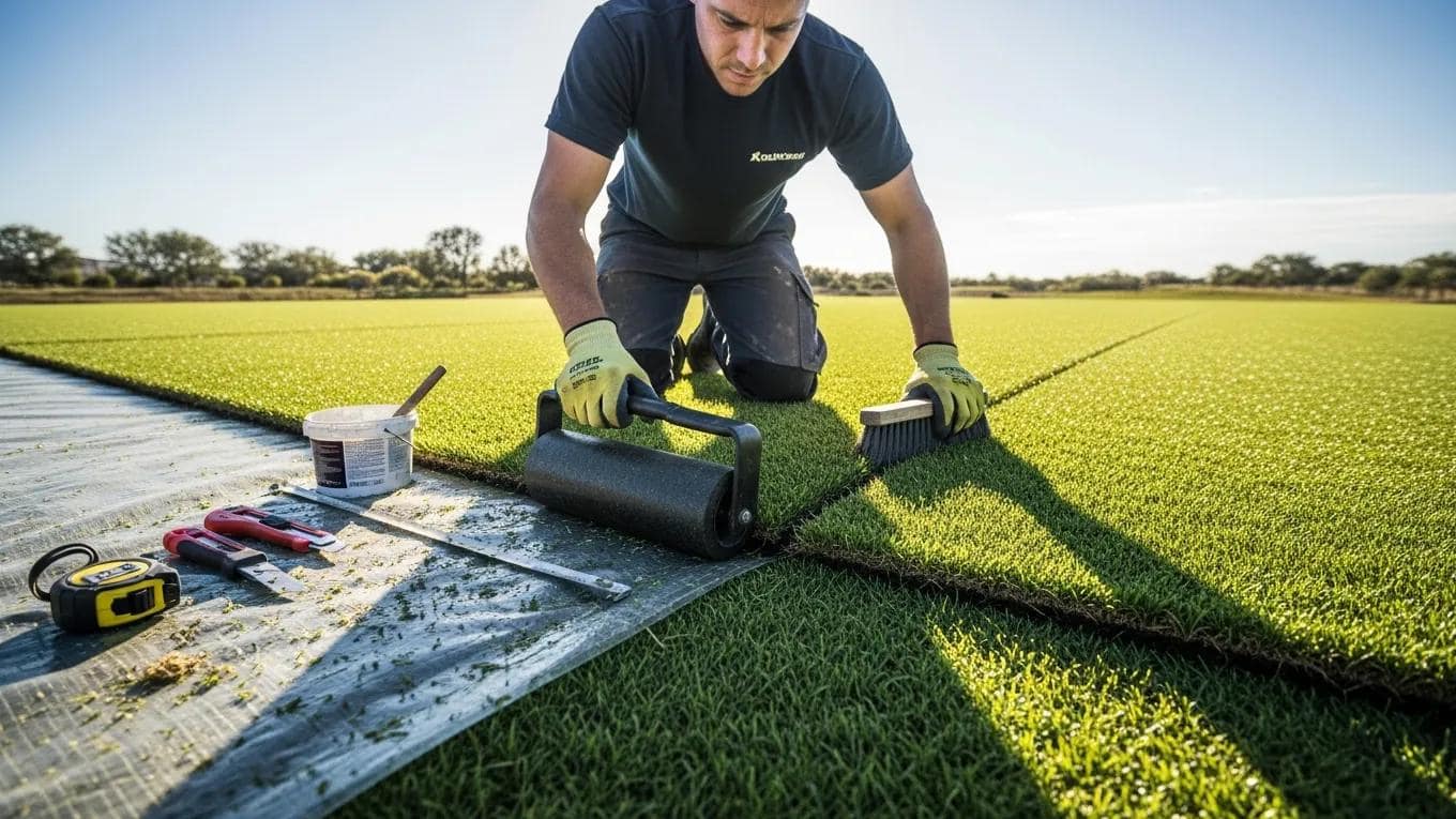 Technician preparing turf seams for effective joint sealing with tools and clean edges