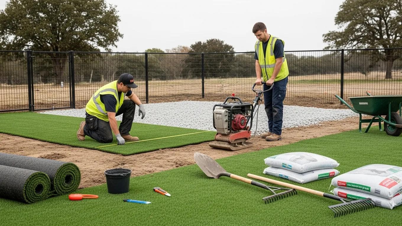 Workers installing durable dog run turf with proper techniques and tools