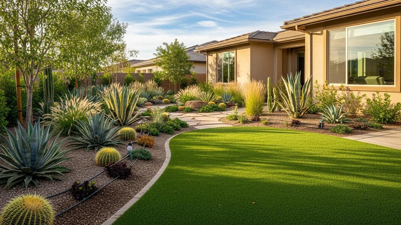Xeriscaped garden with drought-resistant plants and artificial turf