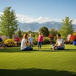 Artificial grass installation in a Colorado backyard with a family enjoying the lush synthetic lawn