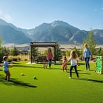 Lush artificial grass lawn in Colorado with family enjoying outdoor activities