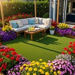 Lush artificial turf in a vibrant outdoor living space with seating and flowers