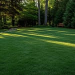Lush green shade-tolerant artificial turf in a north-facing yard surrounded by trees