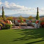 Lush outdoor living space with artificial turf and colorful flowers in a Colorado setting