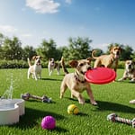 Vibrant pet-friendly artificial turf area with dogs playing, showcasing safety and comfort for pets