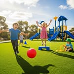 Children playing safely on synthetic grass in a vibrant playground environment