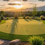 Custom backyard putting green in Colorado with artificial turf and golf flags