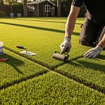 Professional installing artificial turf with emphasis on seaming and edging techniques