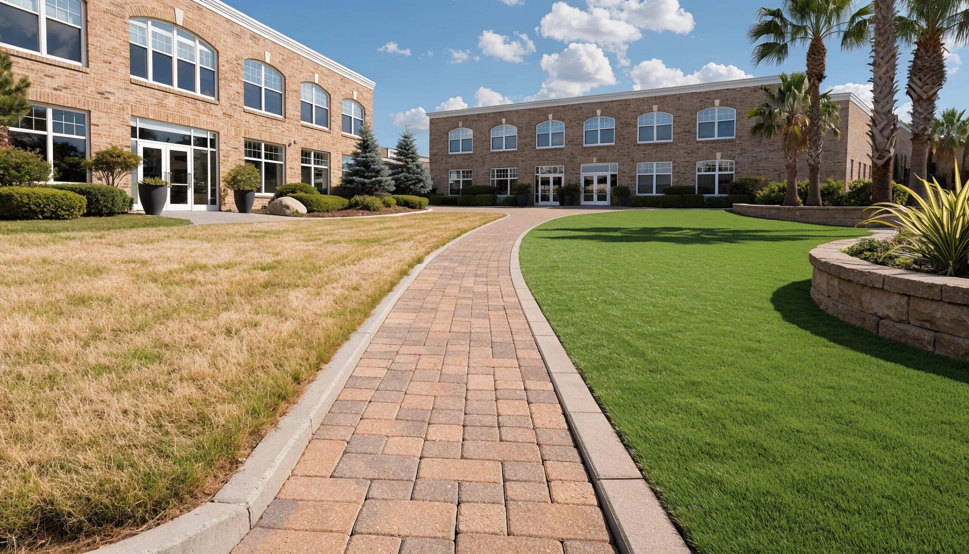 Comparison of natural grass and synthetic turf highlighting water conservation