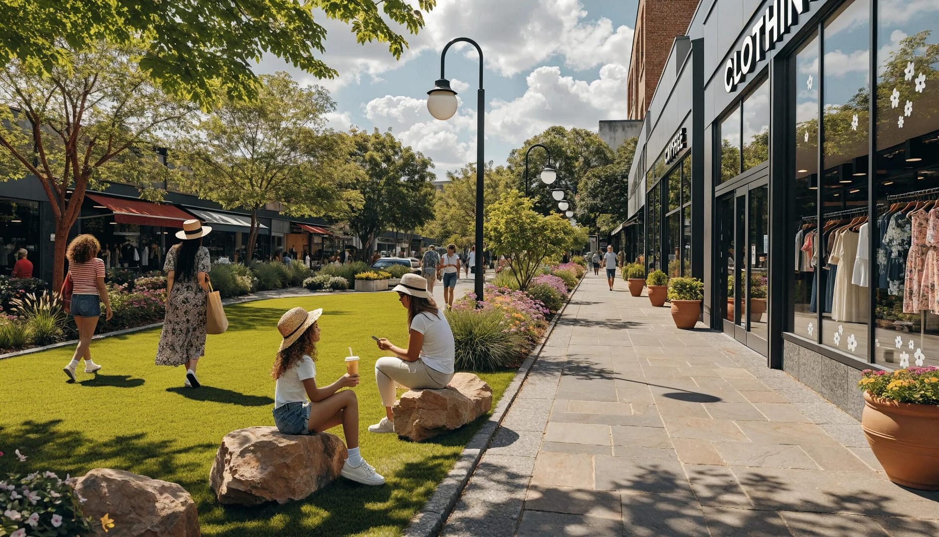 Benefits of artificial turf in a commercial setting showcasing low maintenance and vibrant aesthetics