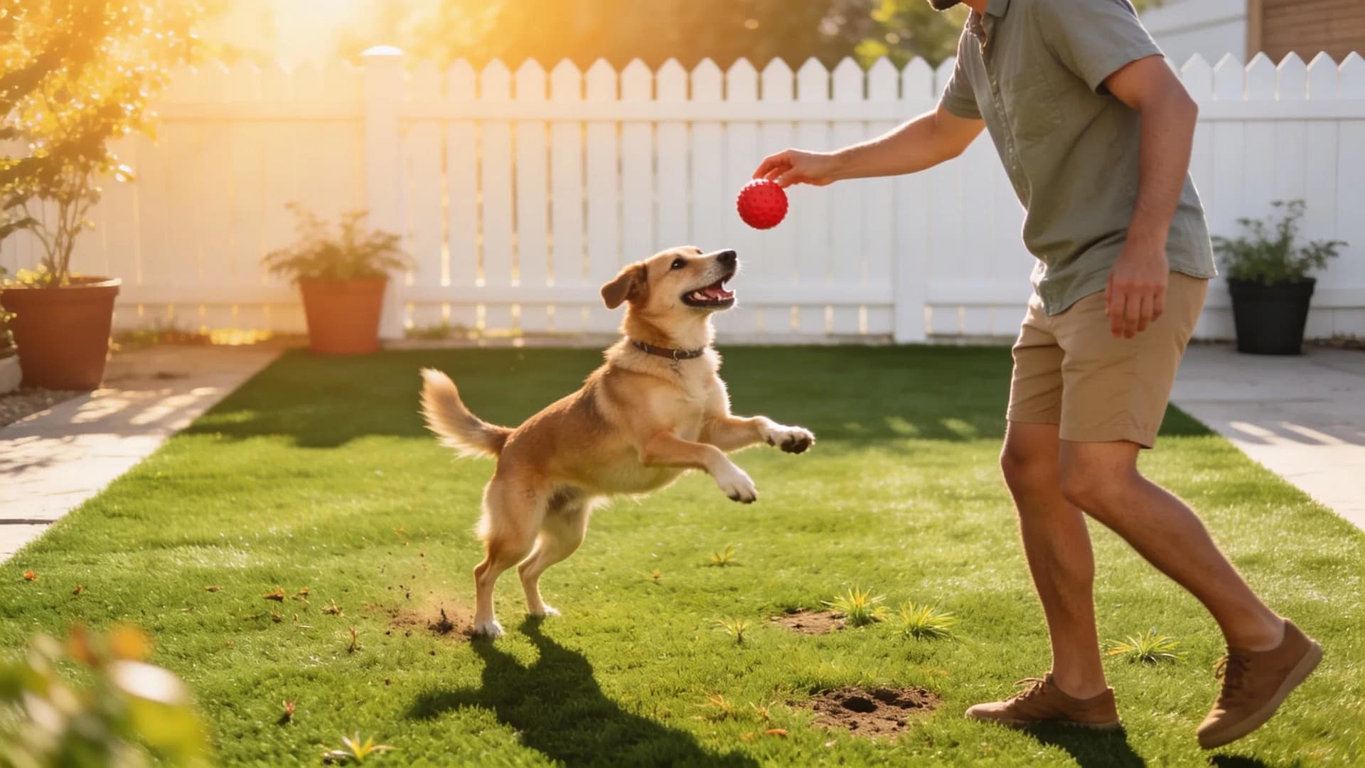 Pet owner enjoying time with their dog on low maintenance artificial grass in a sunny backyard