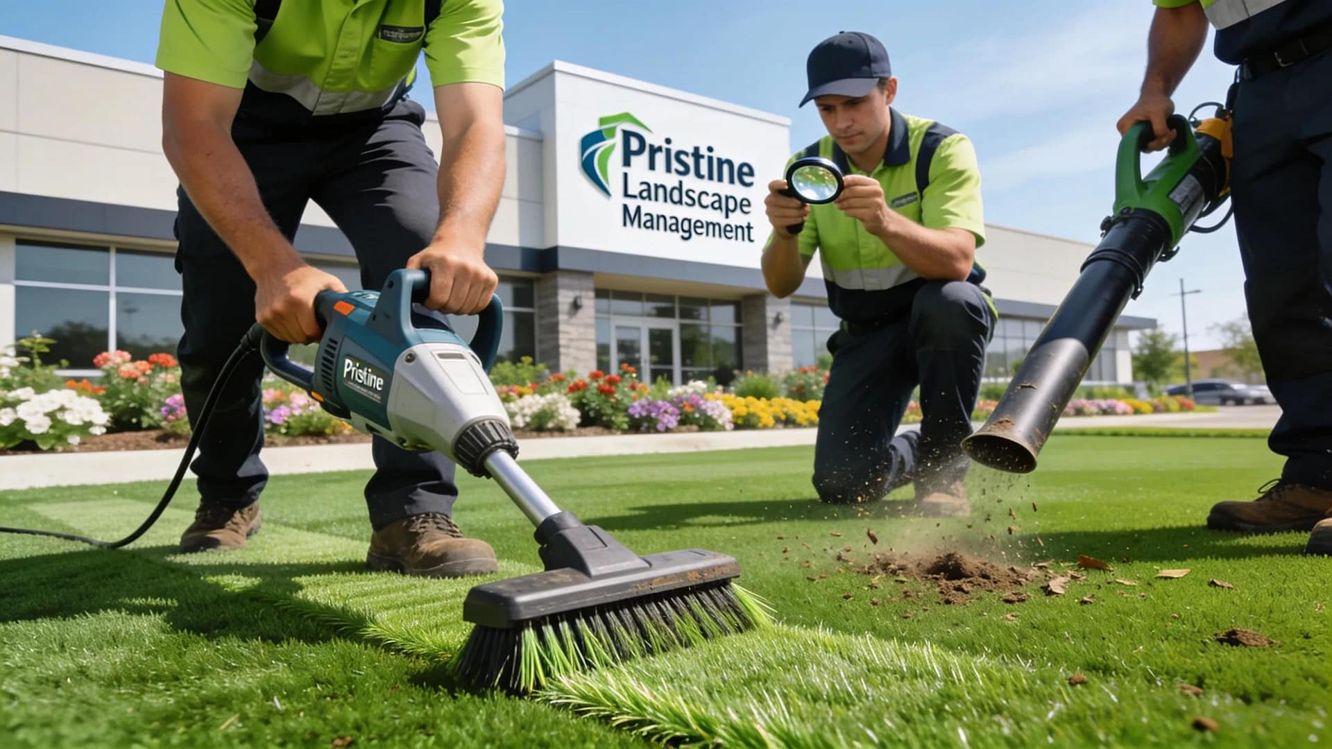 Maintenance team caring for synthetic turf, demonstrating effective maintenance solutions