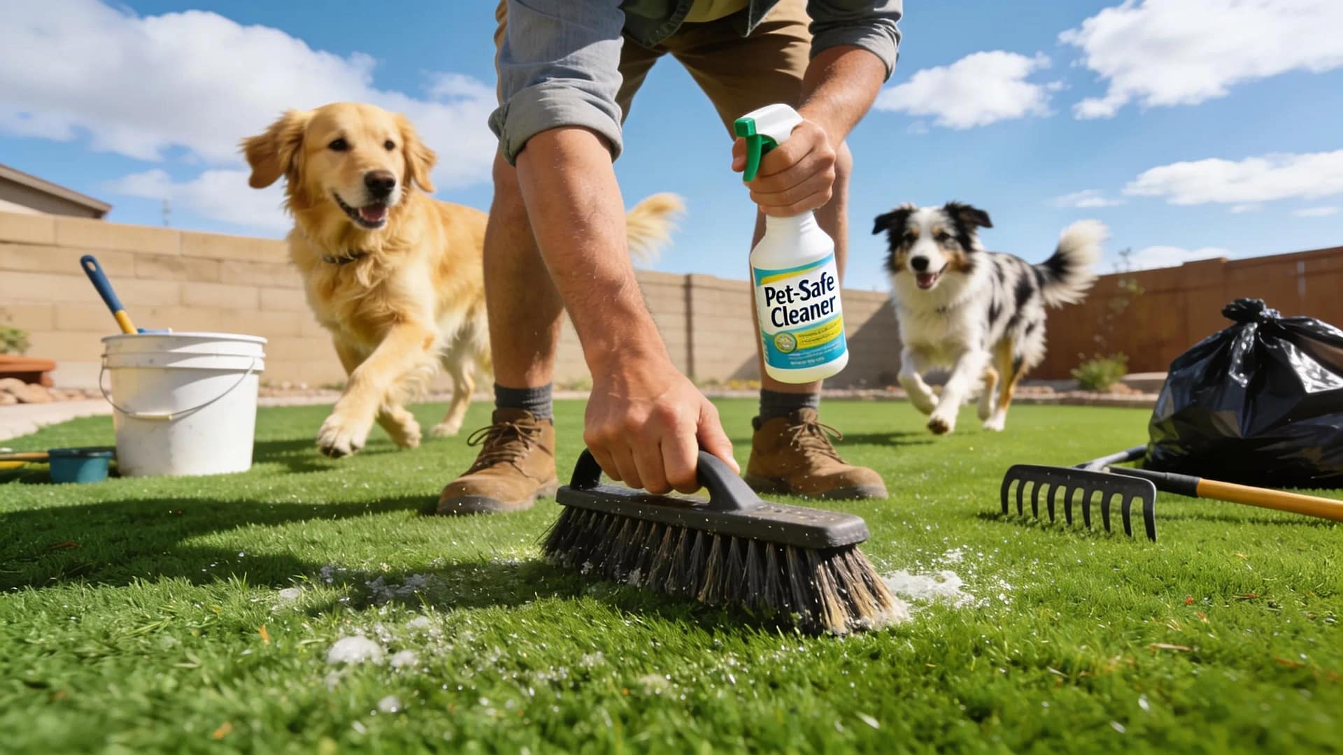 Homeowner maintaining pet-friendly artificial turf by brushing and cleaning, with happy dogs playing nearby