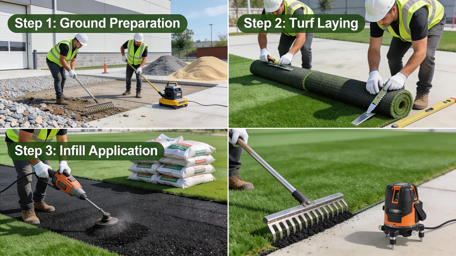 Workers installing artificial turf in a commercial setting, highlighting the installation process and best practices