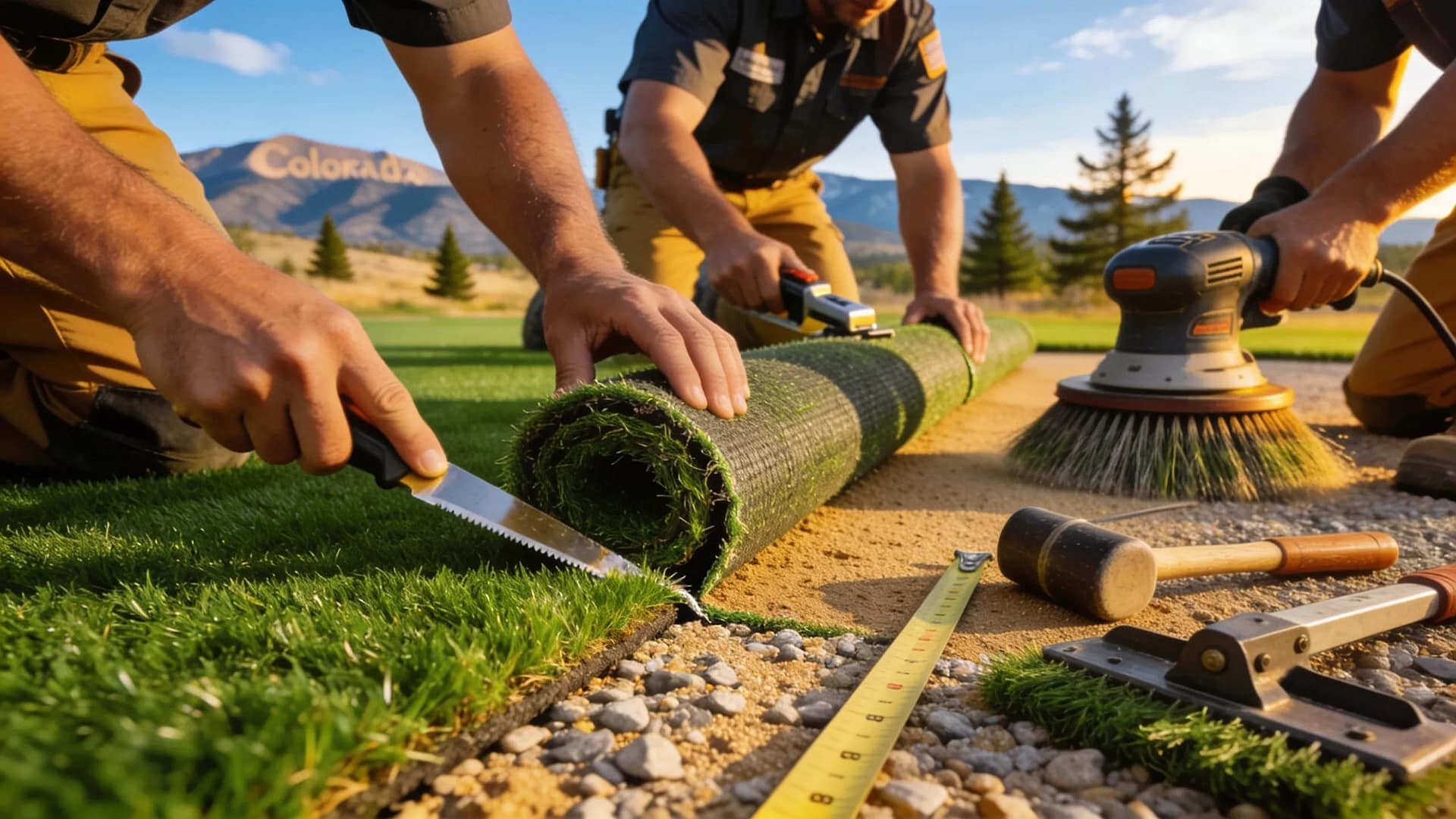 Installation of pet-friendly synthetic grass with professionals laying turf on a well-prepared base