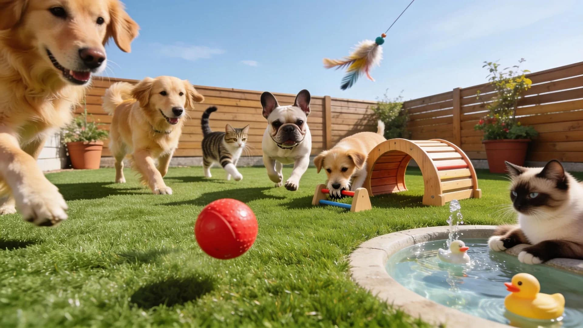 Dogs playing on pet-friendly artificial turf, emphasizing its durability and safety for pets