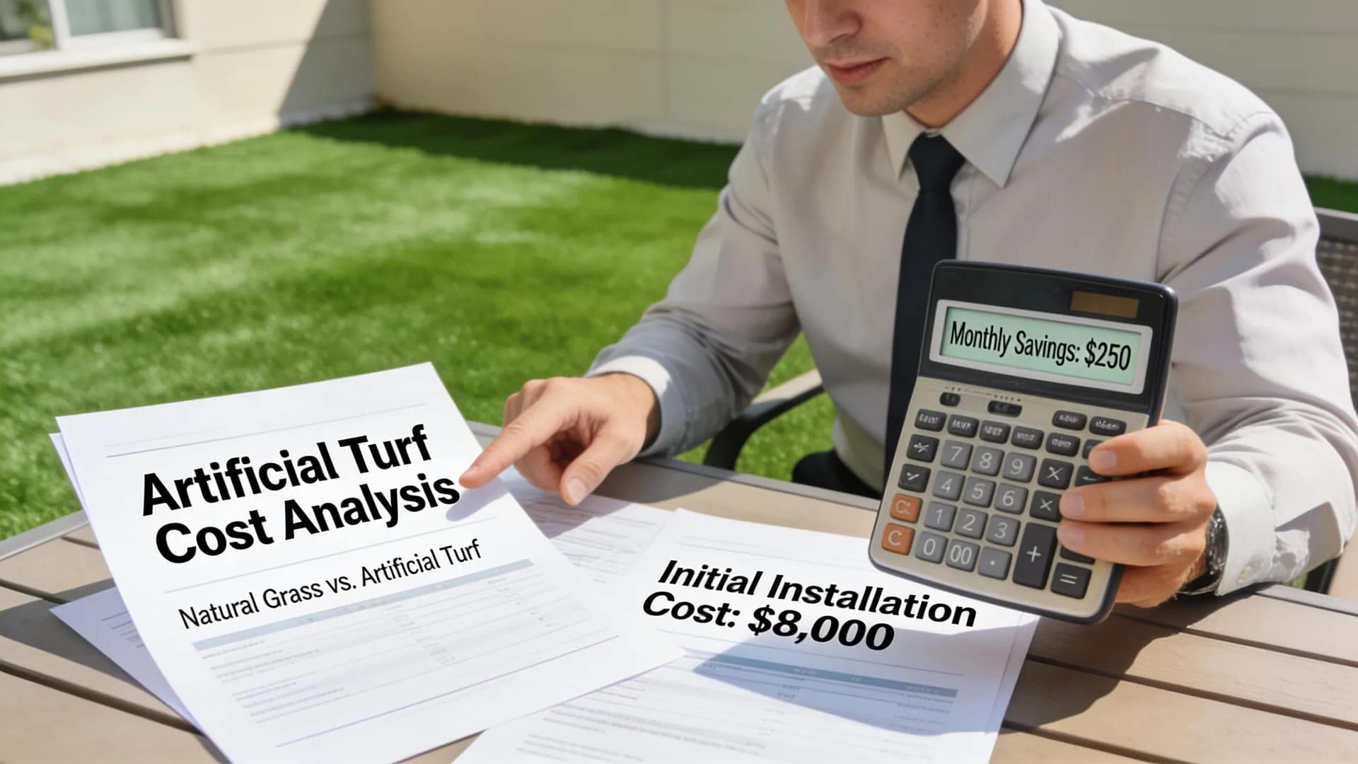 Property manager reviewing financial benefits of artificial turf versus natural grass landscape costs